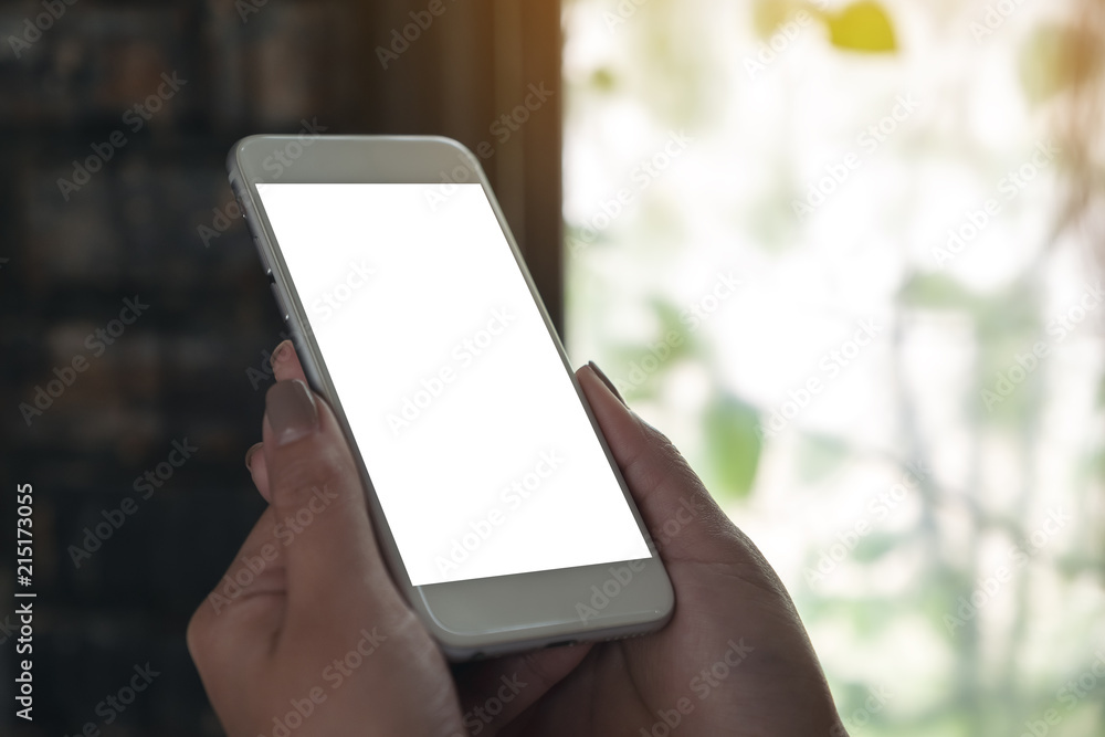 Mockup image of woman's hands holding white mobile phone with blank desktop screen with blur nature background
