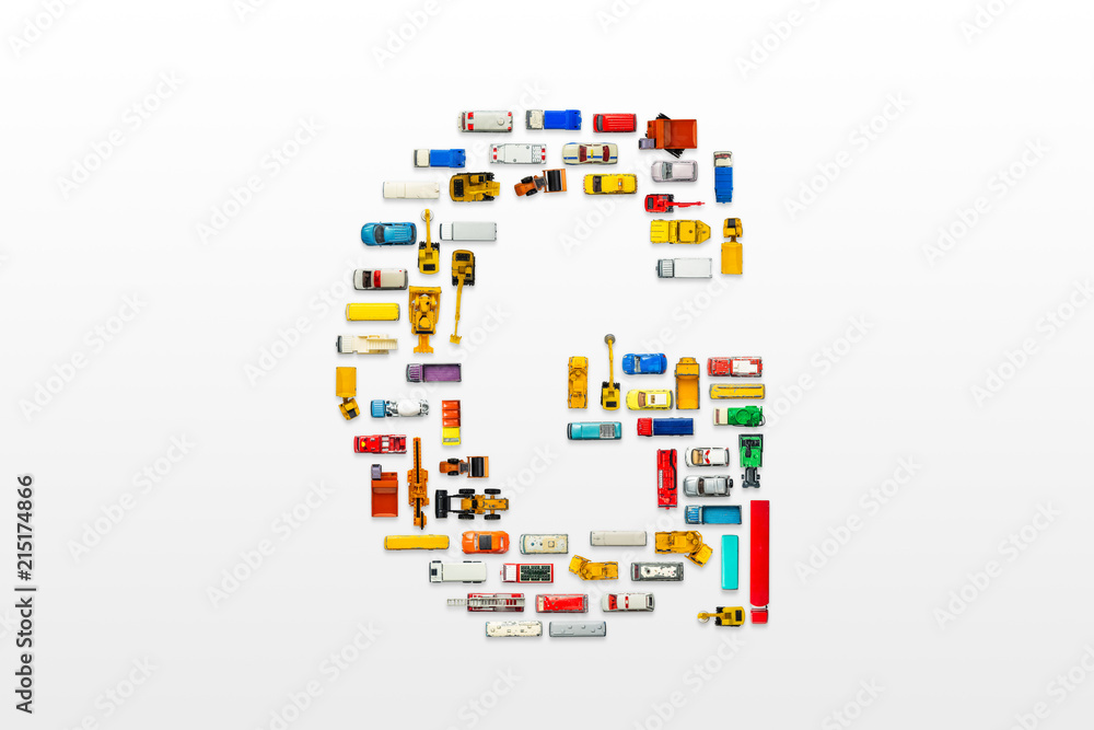 English letters formed by arrangement of Car toy diecast on the white background , Top view English letters formed by arrangement of Car toy diecast on the white background , Top view