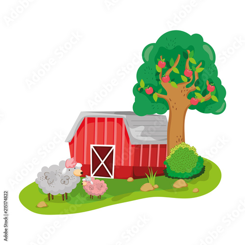 house farm with sheeps animals and tree