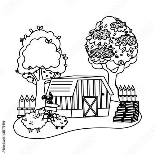 line house farm with sheeps and rooster animals