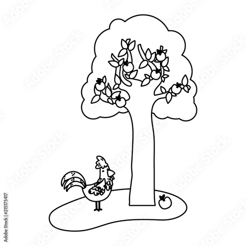 line apple tree and rooster farm animal