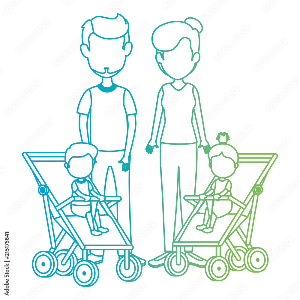 parents couple with babies in cart parents couple with babies in cart
