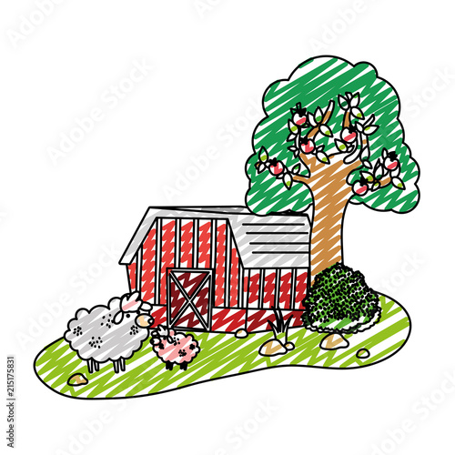 doodle house farm with sheeps animals and tree