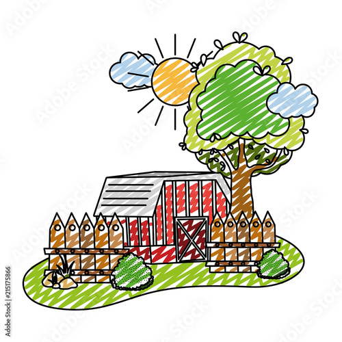 doodle house farm with wood grillage and bushes
