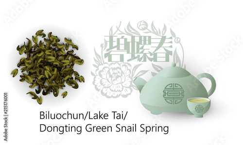 Chinese green tea Biluochun . Chinese signs mean the name of the tea - Green Snail Spring