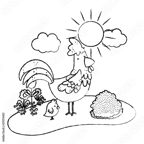 grunge nice hen with chick farm animals