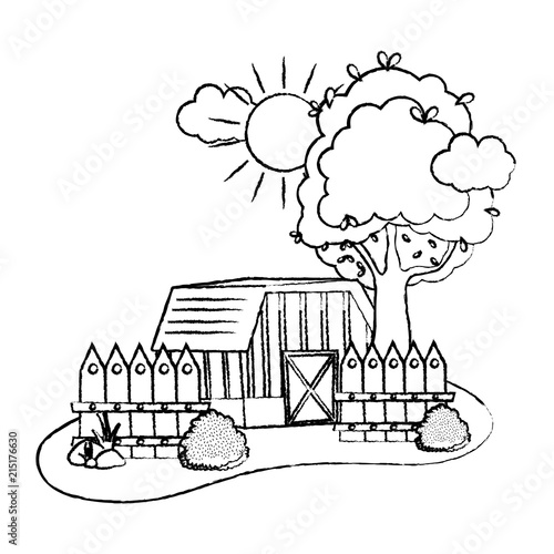 grunge house farm with wood grillage and bushes
