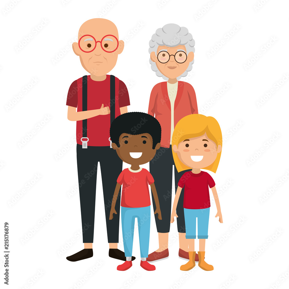 cute grandparents couple with kids characters
