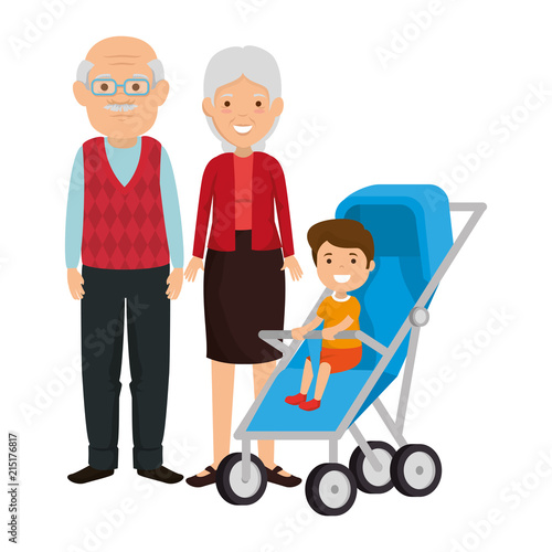 cute grandparents couple with grandson in cart
