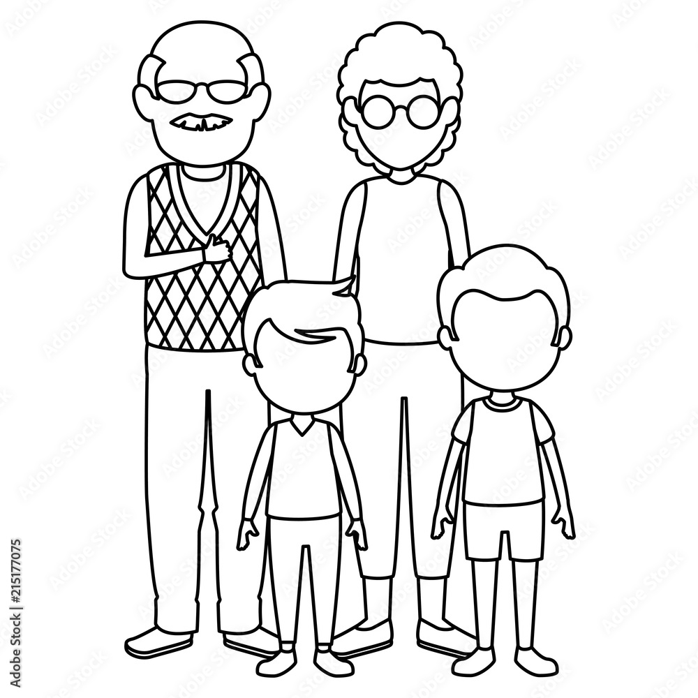 cute grandparents couple with kids characters