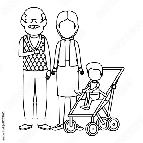 cute grandparents couple with grandson in cart