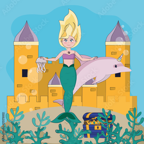 Tableau sur toile Beautiful and magic mermaid cartoon