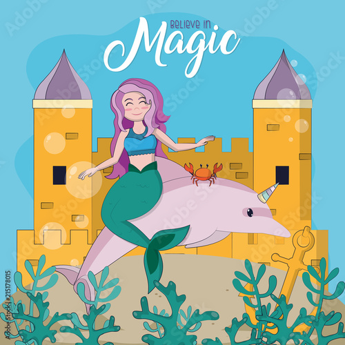 Fototapet Beautiful and magic mermaid cartoon