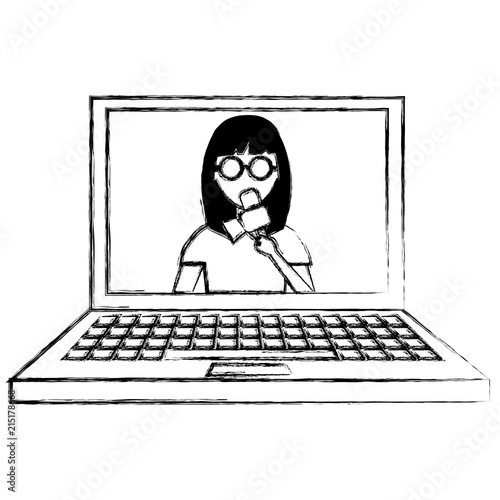 woman news reporter in laptop character