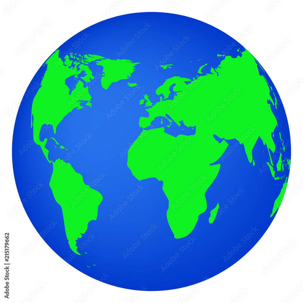 Earth globe flat planet icon isolated on white background. Green map of the continents of the world on a blue circle.