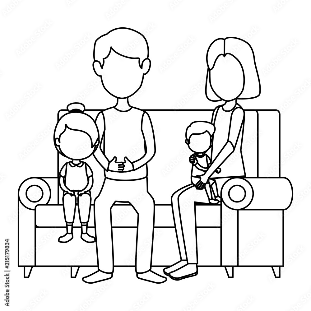parents couple with daughter and son in the sofa