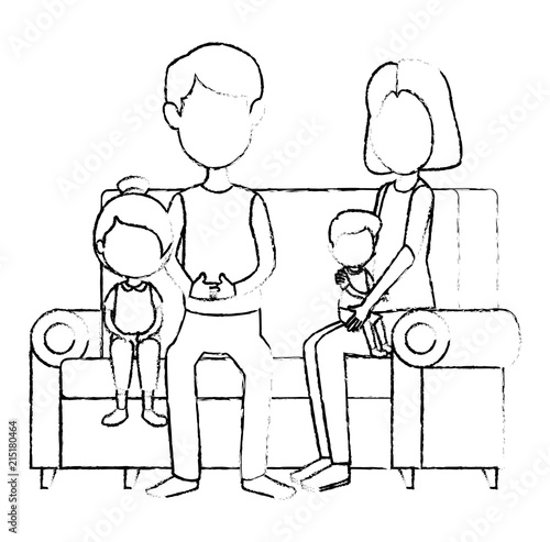 parents couple with daughter and son in the sofa