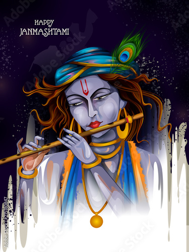 Lord Krishna playing flute on Happy Janmashtami holiday Indian festival greeting background