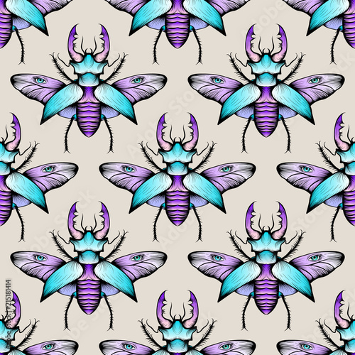 Colorful seamless stag beetles pattern background