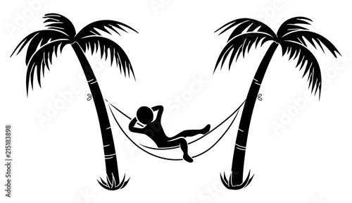 Ein Männchen in einer Hängematte zwischen zwei Palmen / Schwarz-Weiß / Icon / Flat Design