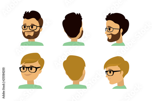 Set of cartoon male head in front, profile and back,