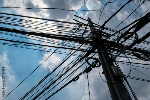 Messy electrical cables in Bangkok, Thailand.