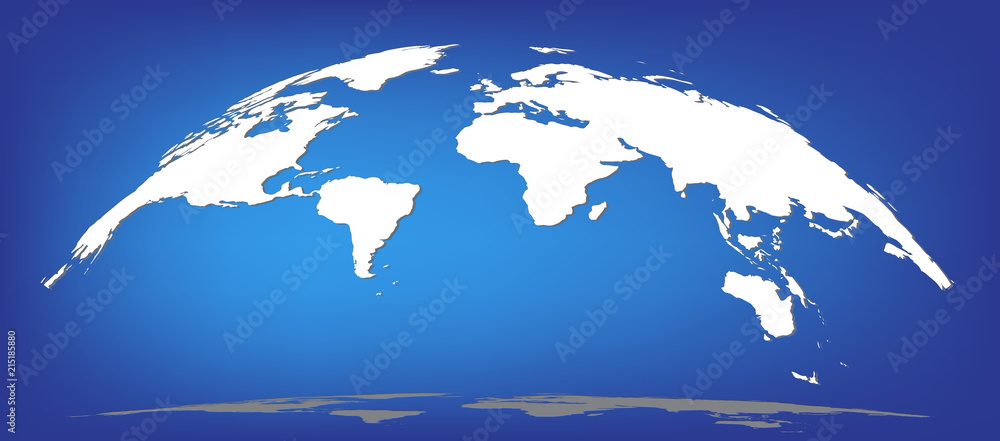 Fototapeta premium White world map silhouette dome semisphere with shadows isolated on blue background, flat style sps 10 vector illustretion.