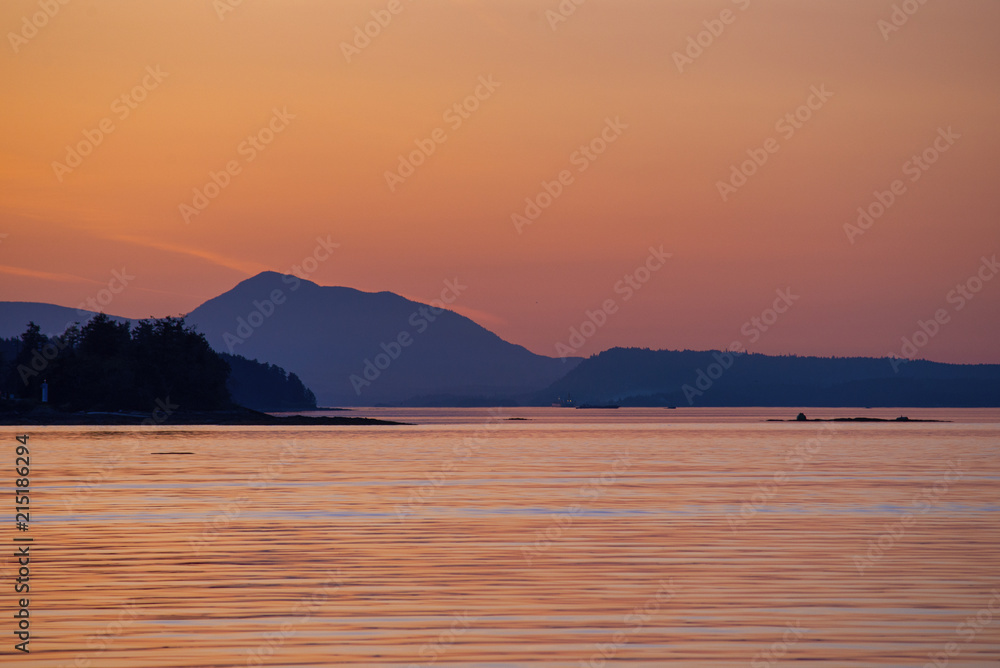 Shoreline of Vancouver Island at sunset from the Salish sea