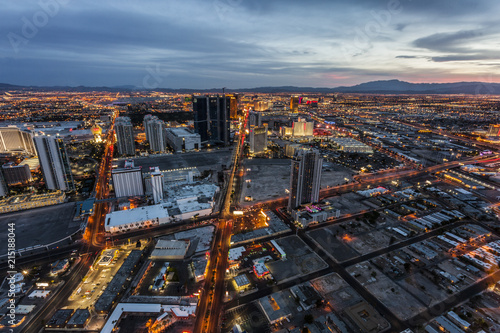 Las Vegas downtown with the glow of traffic at dusk