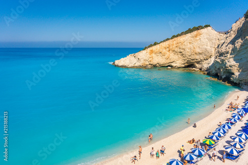 Beautiful Porto Katsiki Beach in Lefkada Island, Greece with turquoise clear water and white stones. 