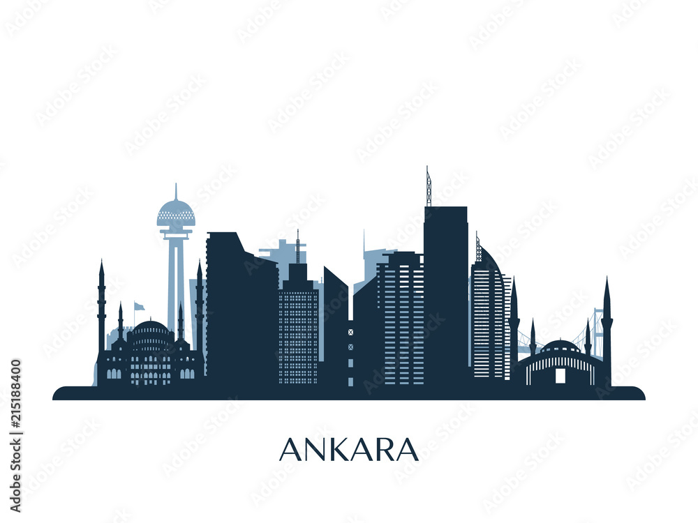 Ankara skyline, monochrome silhouette. Vector illustration. - obrazy, fototapety, plakaty 