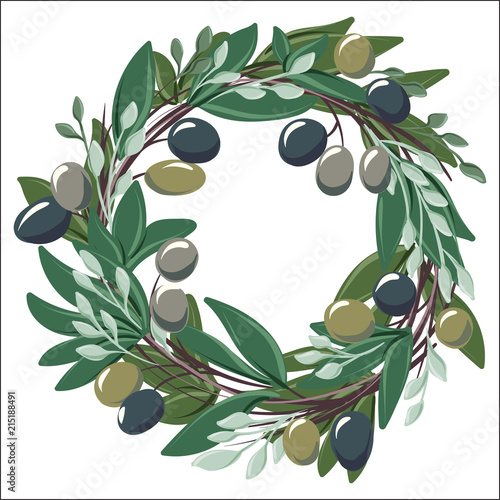 round wreath with olive leaves and olives