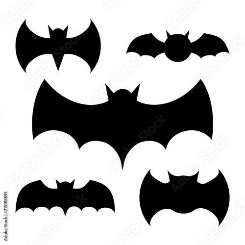 Set of bat black silhouette templates for decoration.