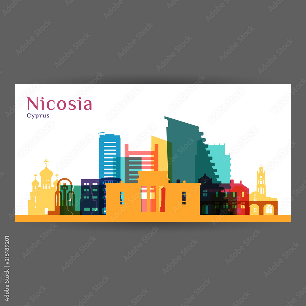 Nicosia city architecture silhouette. Colorful skyline. City flat design. Vector business card.