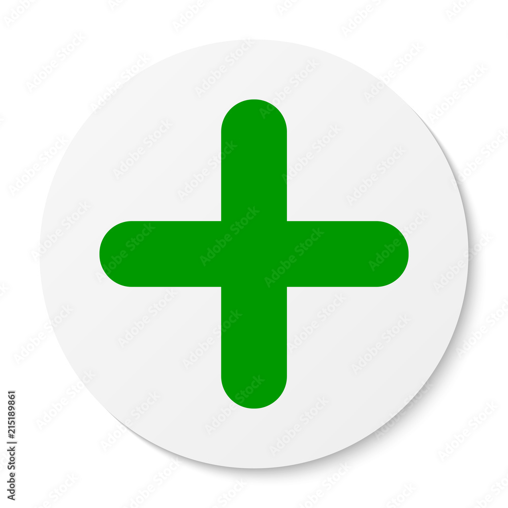 Flat white round sticker plus sign icon, button. Positive symbol isolated on white background. Flat white round sticker plus sign icon, button. Positive symbol isolated on white background.