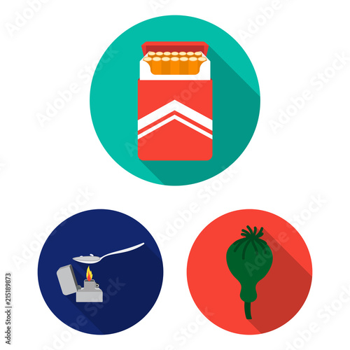 Drug addiction and attributes flat icons in set collection for design. Addict and Drug vector symbol stock web illustration.