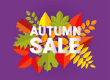 AUTUMN SALE banner typography design. Retro fall letters with flat style autumn leaves.