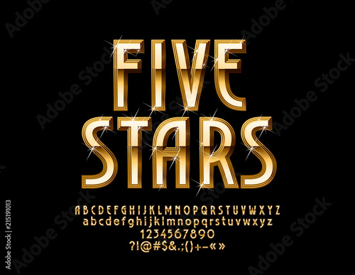 Vector glossy Emblem Five Stars. Metallic gradient Font. Luxury Golden Alphabet Letters, Numbers and Symbols