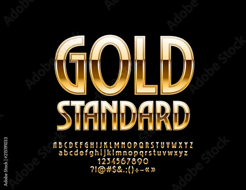 Vector Luxury Emblem Gold Standard. Chic Alphabet Letters, Numbers and Symbols. Elite glossy Font