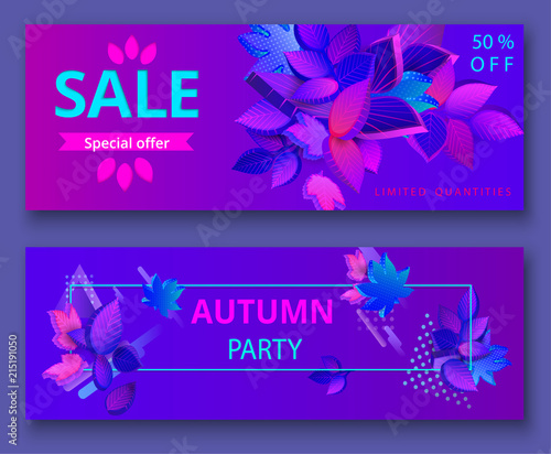 Autumn party and sale cards and banners with 3d leaves.