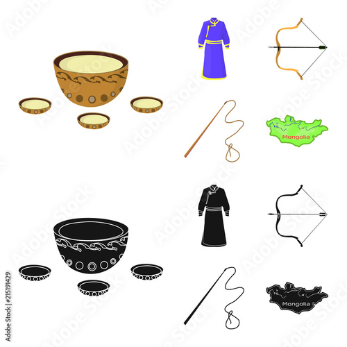 .mongol dressing gown, battle bow, theria on the map, Urga, Khlyst. Mongolia set collection icons in cartoon,black style vector symbol stock illustration web.