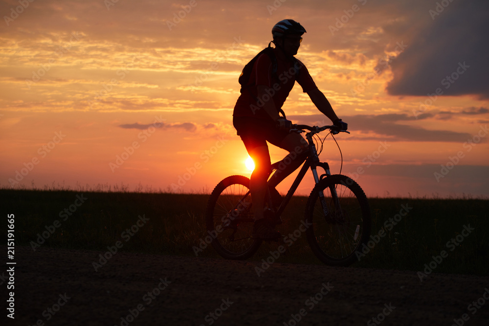 Obraz premium Silhouette of a bicyclist traveling on a sunset background on the road to the field