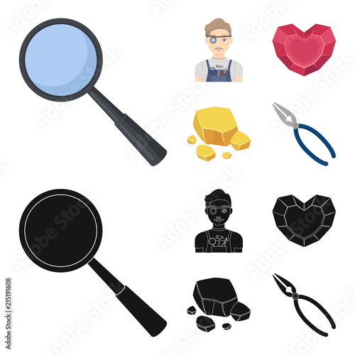 Jeweler, pliers, gold ore, garnet in the form of heart. Precious minerals and jeweler set collection icons in cartoon,black style vector symbol stock illustration web.