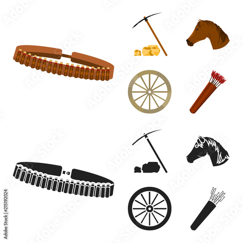 Pickax hoe, horse head, wheel cart, quiver with arrows.Wild west set collection icons in cartoon,black style vector symbol stock illustration web.