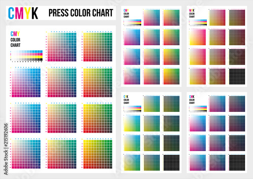 CMYK press color chart. CMYK process printing match. Cyan, magenta, yellow, black are base colors and others has been created combining them. To use in prepress and the press to choose color samples photo