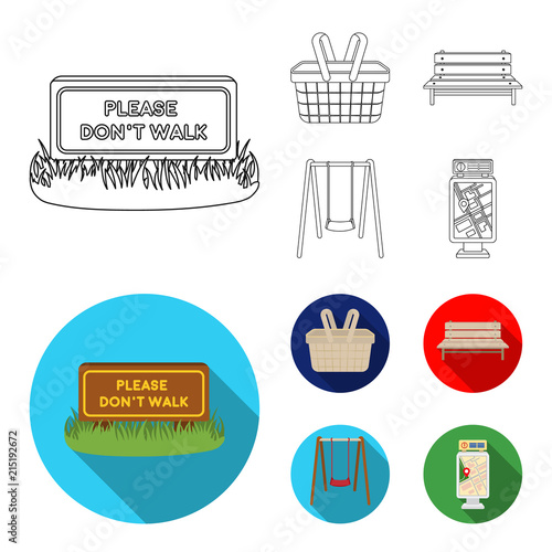 Lawn with a sign, a basket with food, a bench, a swing. Park set collection icons in outline,flat style vector symbol stock illustration web.