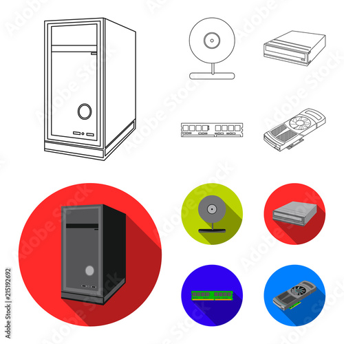 System unit, memory card and other equipment. Personal computer set collection icons in outline,flat style vector symbol stock illustration web.