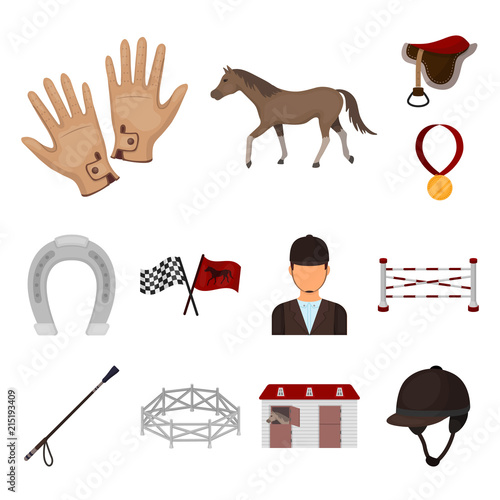 Hippodrome and horse cartoon icons in set collection for design. Horse Racing and Equipment vector symbol stock web illustration.