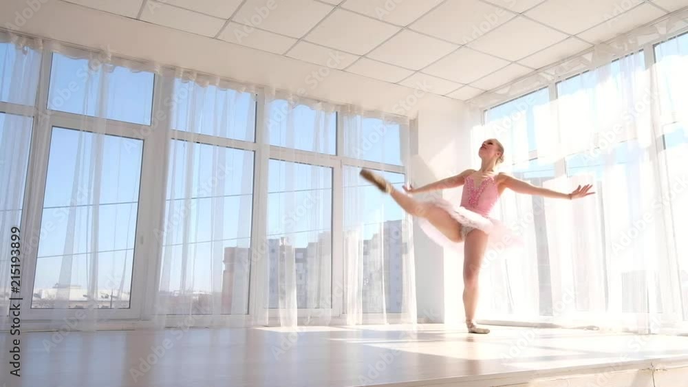 Exquisite female ballet dancer in pink tutu in white light room with large windows. Elegant ballerina practicing and smiling Exquisite female ballet dancer in pink tutu in white light room with large windows. Elegant ballerina practicing and smiling