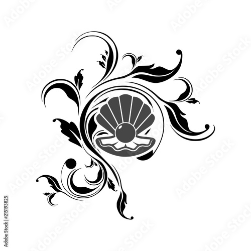 Sea Pearl in open shell, floral ornament illustration